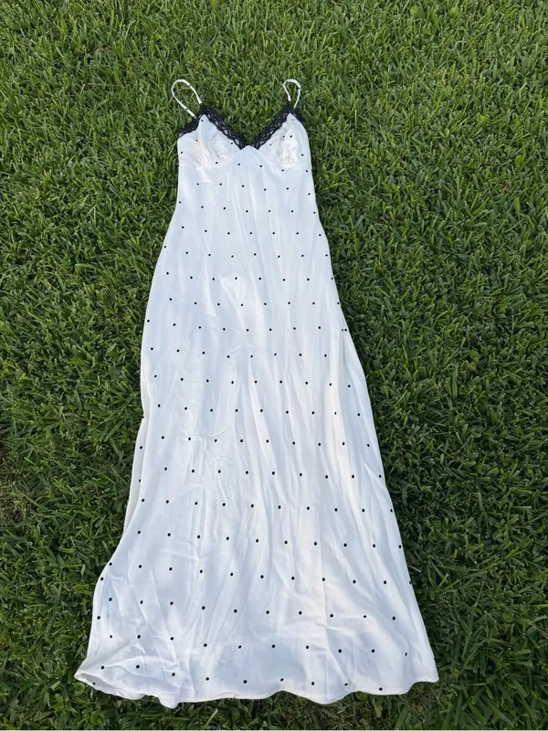 Lulus Majella Ivory Polka Dot Satin Lace Slip Midi Dress Size M - Image 5