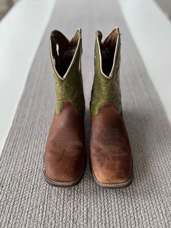 Justin Sage Green Brown Leather Western Square Toe Cowboy Festival Boots 5D or 7 - Image 2