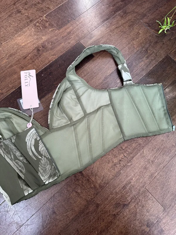 Oh Polly Olive Green Floral Jacquard Crop corset bustier Top - Image 8