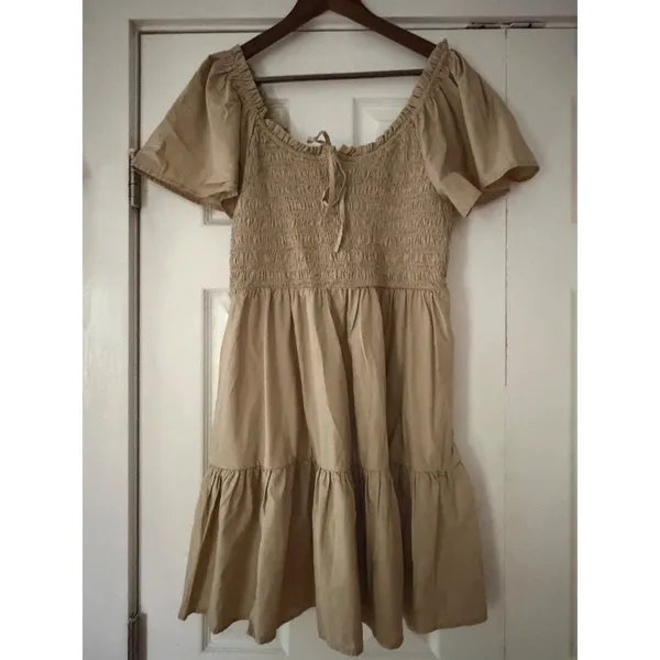 Gap Women Smocked Mini Dress Tan‎ Khaki Puff Sleeve Tiered Cotton L NEW - Image 3