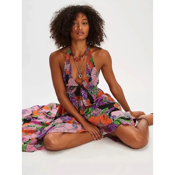 Free People Bohemian Retro 70s Beachy Bayside Florals Halter Maxi Dress Small - Image 4