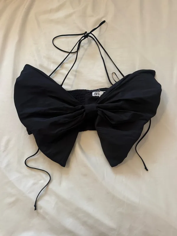 ZARA | Black Bow Front Halter Crop Top | XS - Image 2