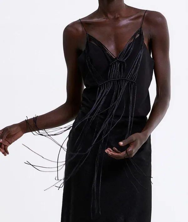 ZARA Front Tonal Macrame Trim Tank Top Black S NEW - Image 3