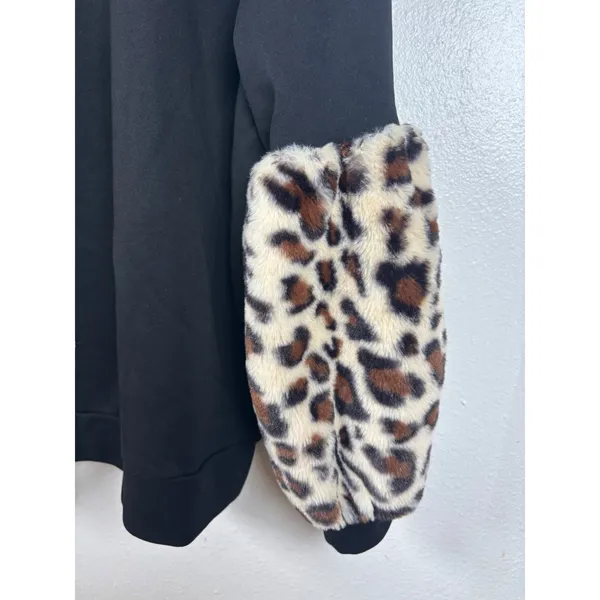 POL Hoodie Small Black Faux Fur Leopard Print Sleeve Pullover Sweatshirt Cheetah - Image 5