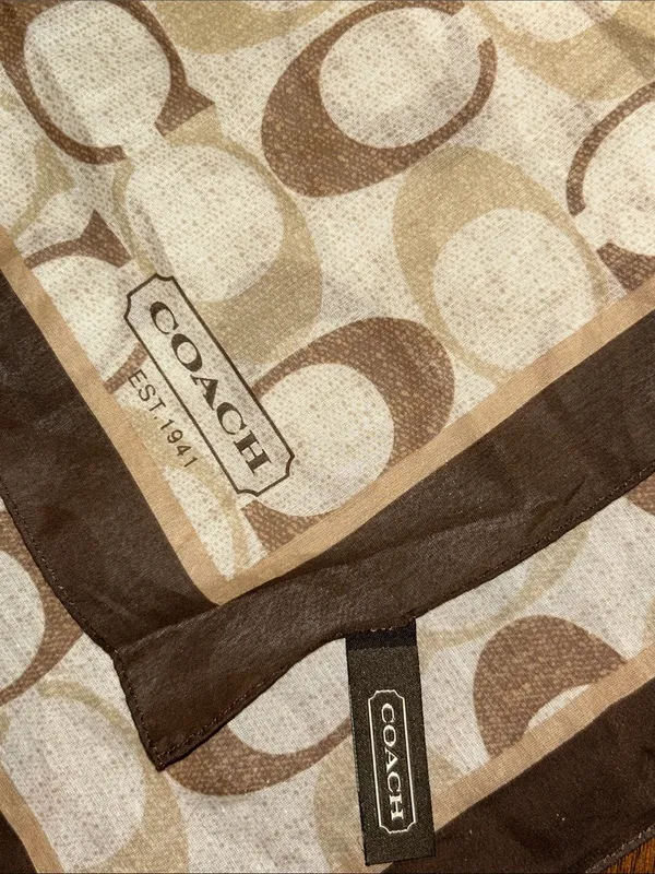 Coach Signature C Square Scarf Brown Beige Cotton Silk Blend Aprox 26” - Image 3