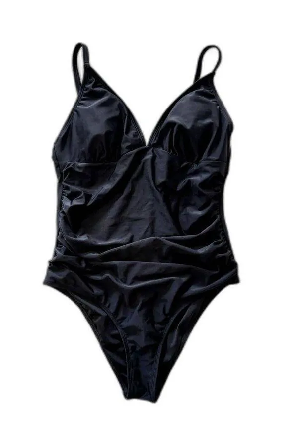 Cupshe | Black Shirring V Neck One Piece Swim Suit Adjustable Size Large NWT - Image 4