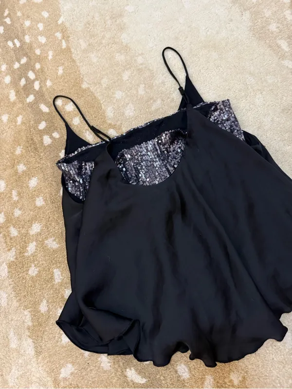 Free People Turn It On Cami Black Sequin Layered Tank Top Size M OB1064843 - Image 6