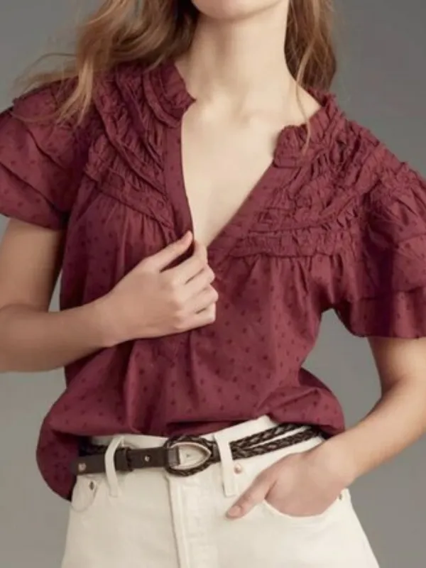 Anthropologie Layered-Sleeve Swiss Dot Henley Top (Small) - Image 2