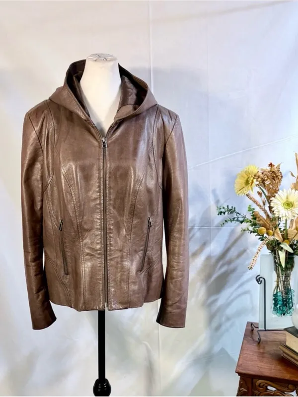 💥Danier Genuine Leather Hooded Moto Zip Up Jacket Brown Quilted Lining Sz L❤️ - Image 14