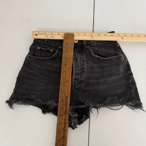 Zara Womens High Waisted Distressed Denim‎ Shorts Black Button Fly Size 2 - Image 6