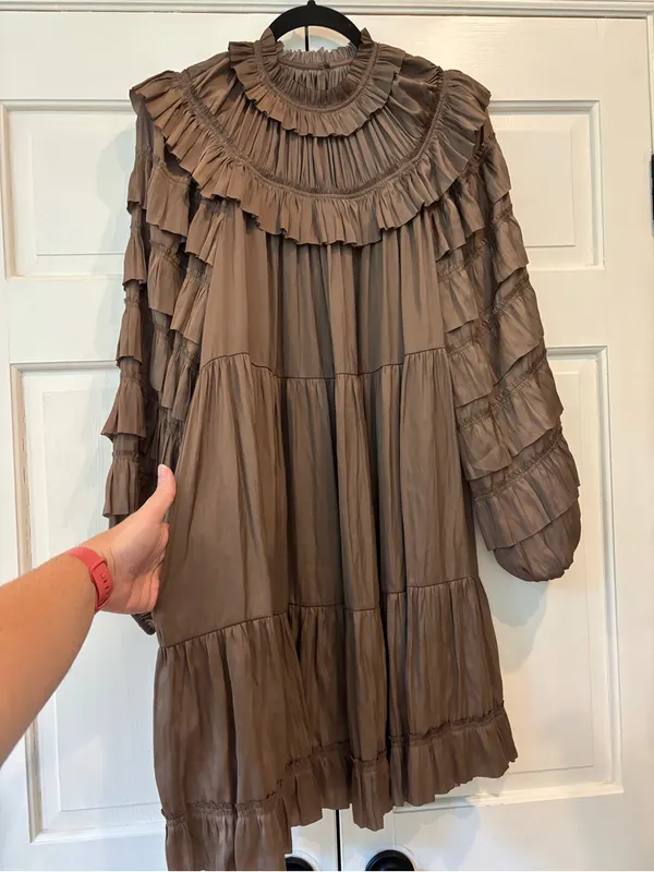 Ulla Johnson Elsa Mini Dress Mica Taupe Ruffled Tiered Satin Size Medium Large - Image 8