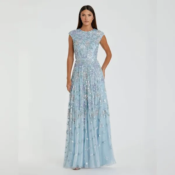 MAC DUGGAL 5647 Blue Sequined High Neck Cap Sleeve A Line Gown - Image 6