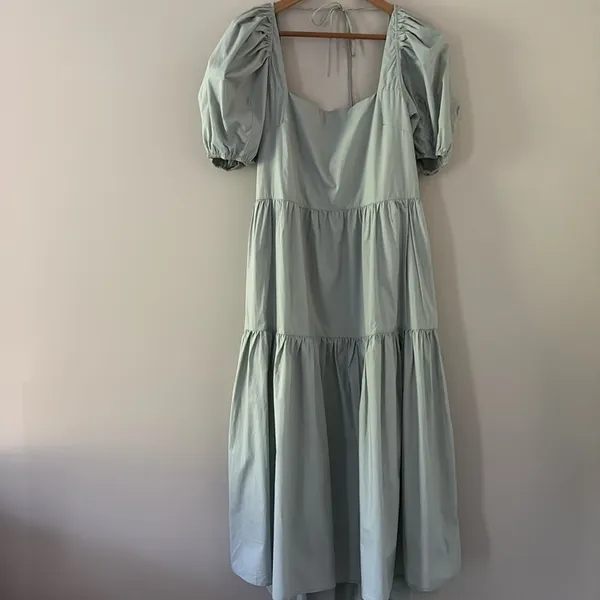 ASTR The Label llana Midi Dress Puff Sleeve Tiered‎ Skirt Tie Back Light Green M - Image 2