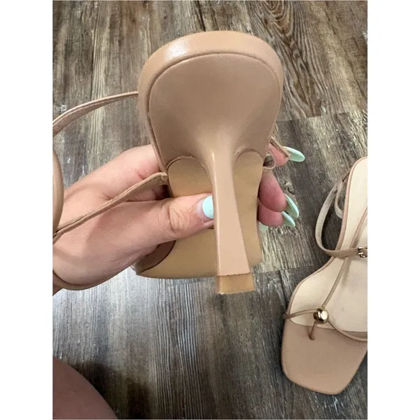 Strappy Heeled Sandals Pump 8.5 Light Tan Nude Wedding Bridal Summer Minimalist - Image 6
