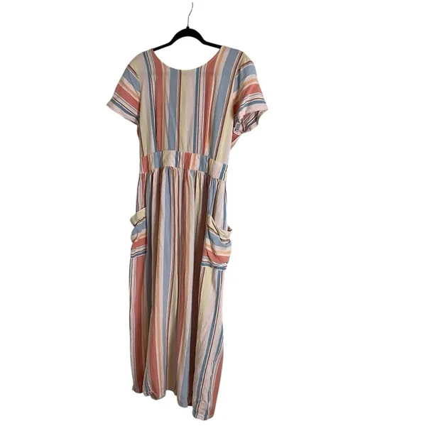 a.n.a Striped Linen Blend Midi Dress Open Back Pockets Women’s Size M - Image 3