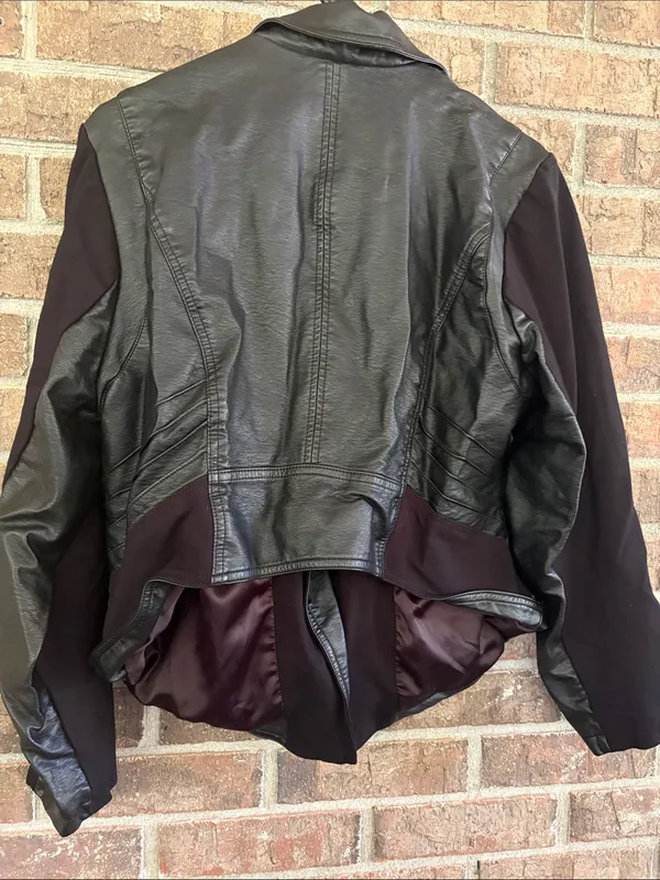torrid Black Faux Leather Moto Jacket with Dark Fabric Sleeves - Image 3