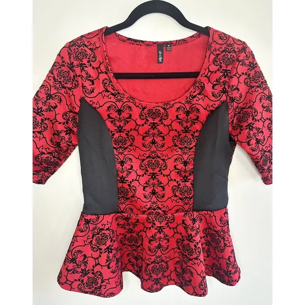 Ultraflirt Red Black Damask Peplum Top Women's Size M‎ Y2K Pinup Whimsigoth - Image 2
