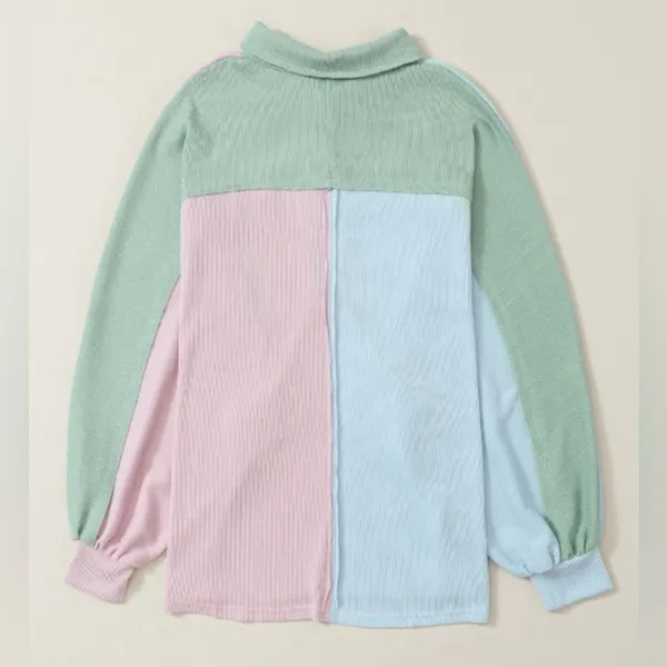 Multicolor Pastel Pink Green Blue Colorblock Patchwork Ribbed Pullover Top Size M - Image 5