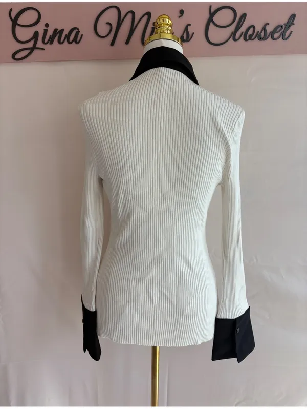 White House Black Market Women's Medium Ribbed Button-Up Shirt with Black Collar - Image 3