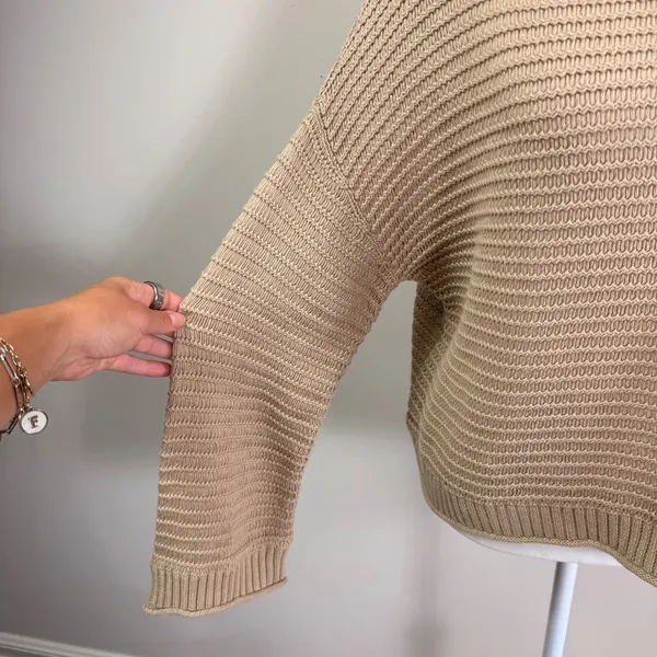 Aerie Womens Tan Cotton Textured‎ Open Stitch Boatneck Pullover Sweater Size M - Image 5