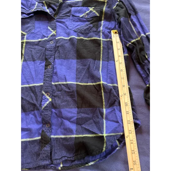 Arizona Jean Co Blue Black Plaid Sequin Back Button Down Flannel Shirt Large - Image 4