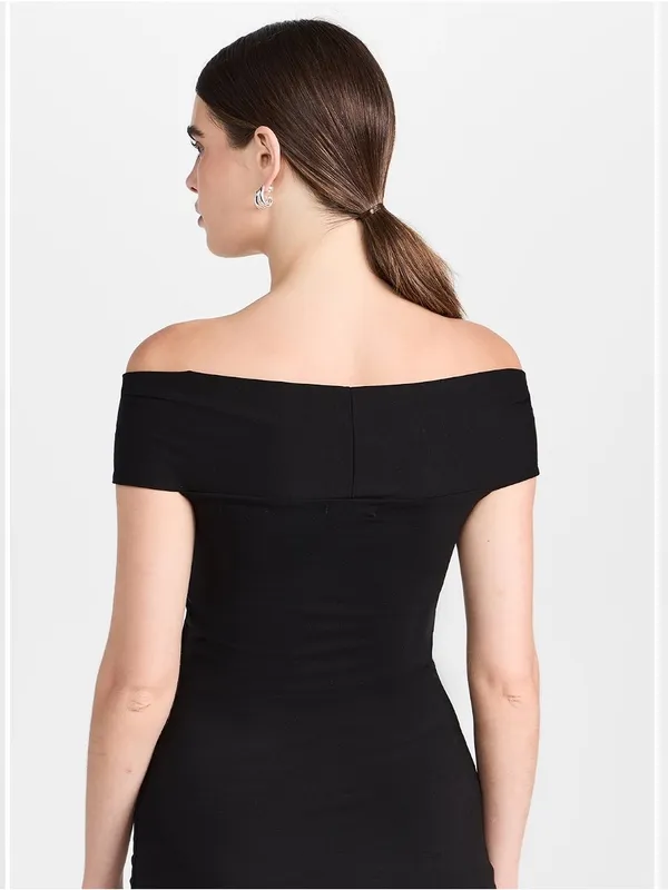 Reformation Vida Knot Front Off Shoulder Knit Midi Maxi Dress Black LBD - Image 6