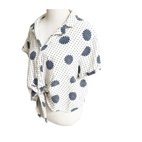 Modcloth Cropped Blouse Womens XL White Floral Dot Linen Blend Tie Front Beachy - Image 3
