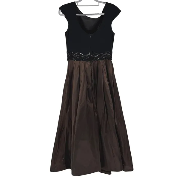 Badgley Mischka Brown Black Beaded‎ Waist Pleated Evening Gown Dress Size 4 - Image 2