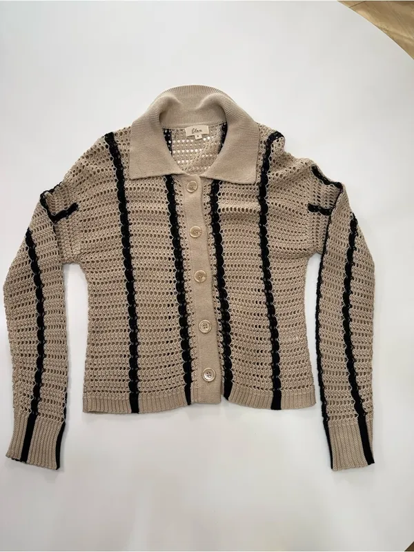 Elan Beige Knit Cardigan with Black Accents - Image 2