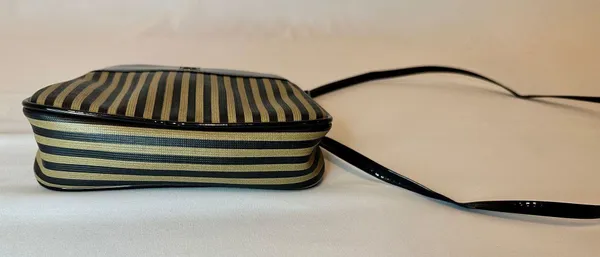 Designer Originals Vintage Fendi-Inspired Black/Tan Striped Neoprene Pequin Crossbody Purse - Image 3