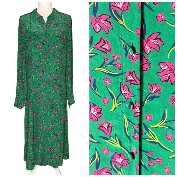 Long Tall Sally Green Button Front Midi Dress US 12 Large Shift Pink Floral - Image 2