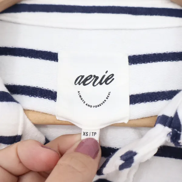 Aerie Women's Navy White Striped Long Sleeve Polo Shirt Cotton Relaxed XS - Image 3