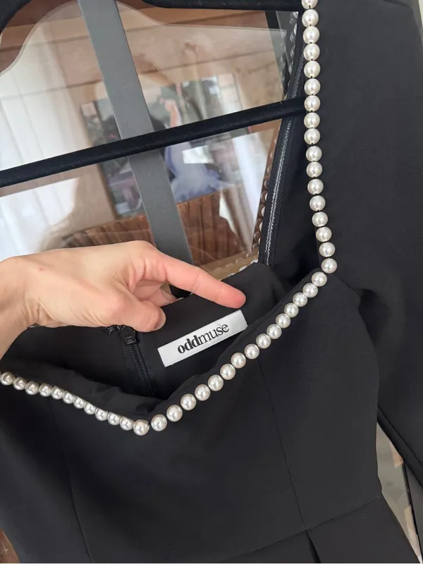 Odd Muse London Pearls Mini Dress Black square neck long sleeve - Image 8