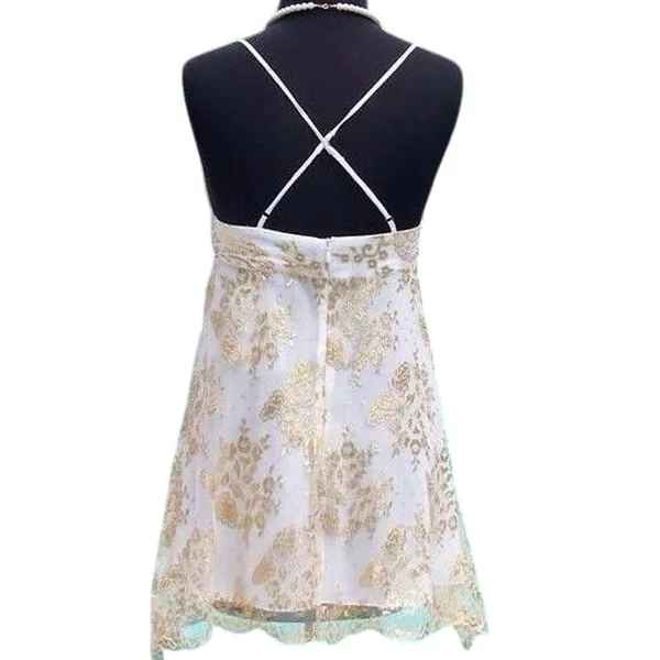Cache Gold Metallic Silk Sheer Illusion Lace Top Dress Fit Flare New NWT $158 6 - Image 4