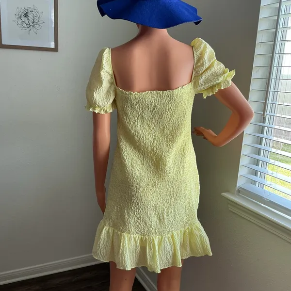 ZARA Yellow Smocked Mini Dress Puff Sleeve Ruffle Hem L - Image 4