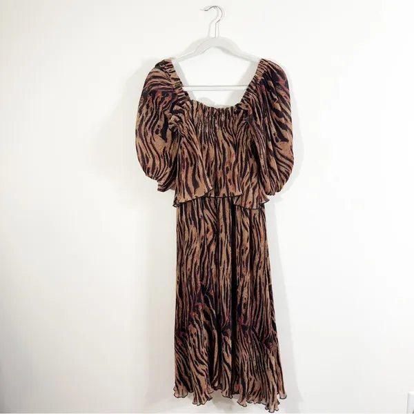 Ganni Layered Tiger-Print Plissé-Georgette Midi Dress Tiered Size 2 - Image 4