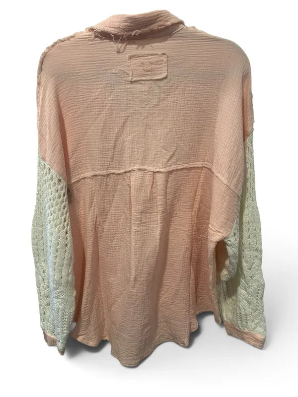 POL Pink Button-Down Gauze Shirt with White Crochet Sleeves - Image 3