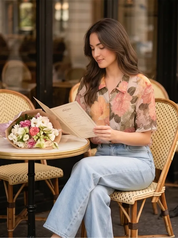 J.B.S. Sheer Floral Button-Down Shirt in Peach, Pink and Green - Image 4