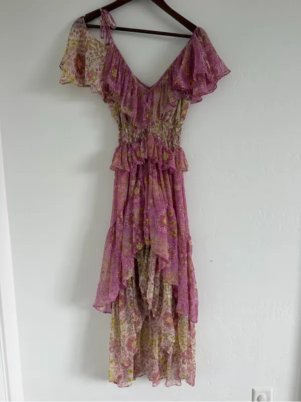 MISA Los Angeles Liv Cold Shoulder Floral Midi Dress Medium Pink Yellow Ruffle - Image 2