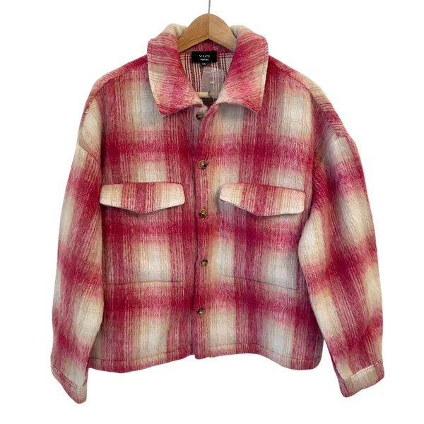 Vici Plaid Oversized Boxy‎ Jacket Medium Shirt Shacket Pink Cabincore Cozy Fuzzy - Image 2
