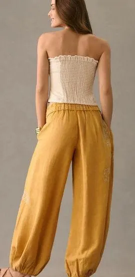NWT By Anthropologie Embroidered Parachute Pants Linen Blend Boho Mango Mojito L - Image 2