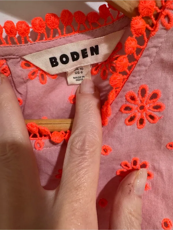 Boden Watermelon Punch Embroidered Flutter Sleeve Pom Trim Top - Image 6