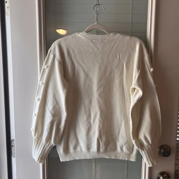 Simplee Women’s Sweater XL Bobbles Puff‎ Sleeves Ivory - Image 2