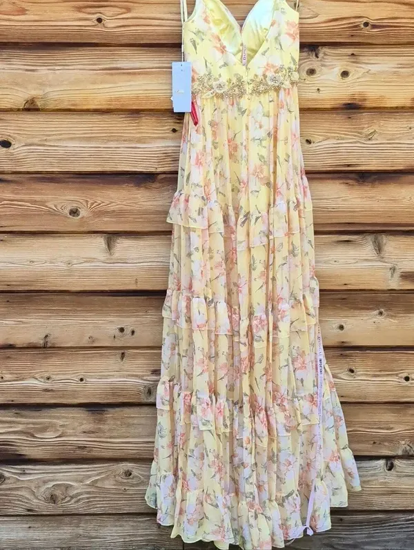 NWT Mac Duggal 67794 Yellow Tiered Floral Chiffon Gown Size 2 - Image 13