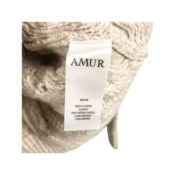 Amur Ulla Women's Size Large White Fringe Tan Cable Knit Wool Sweater v6x - Image 5