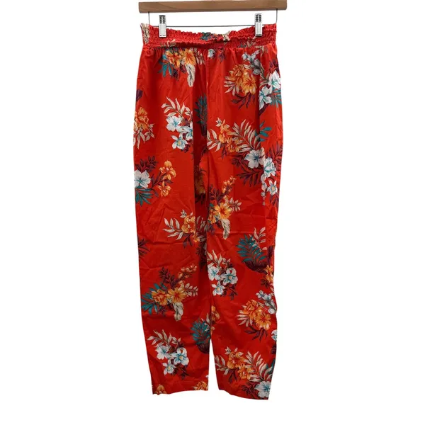 Bar III Floral Tapered Pants Womens M‎ Red Tropical Smocked High Waist Pull On - Image 2