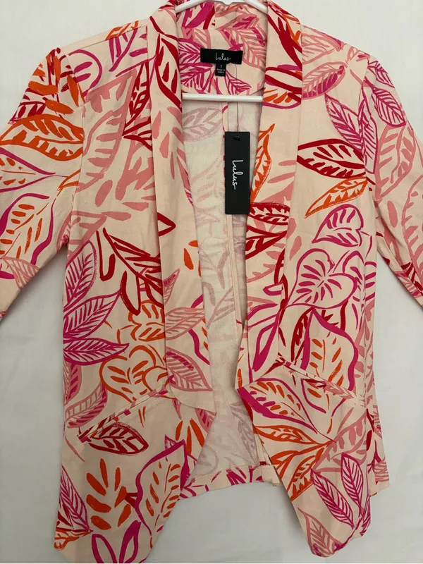 NWT Lulus Women Pink Orange Tropical Leaf Print Linen Blend Blazer Jacket S(A886 - Image 2