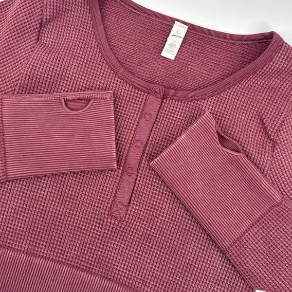 Aerie Main Squeeze Seamless‎ Waffle Crop Henley Large Long Sleeve Thumb Hole - Image 3