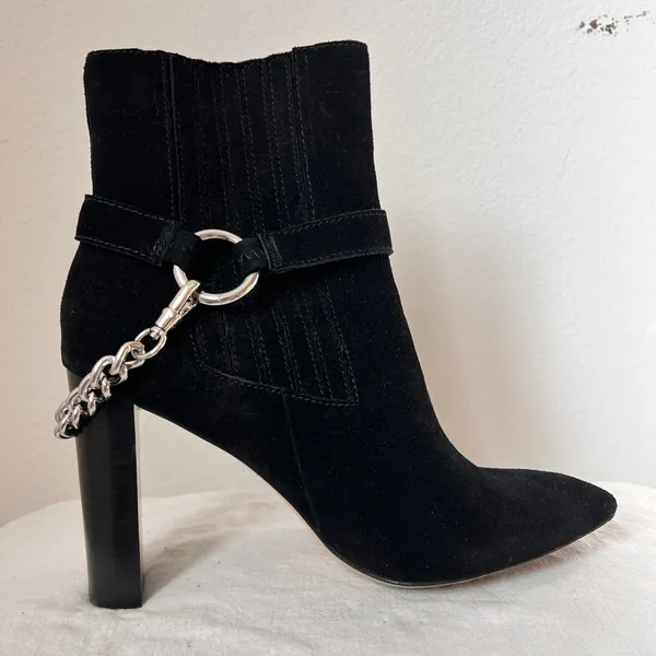 Paige London Black Suede Pointed Toe Heel Boots Chain Detail 9.5‎ - Image 3