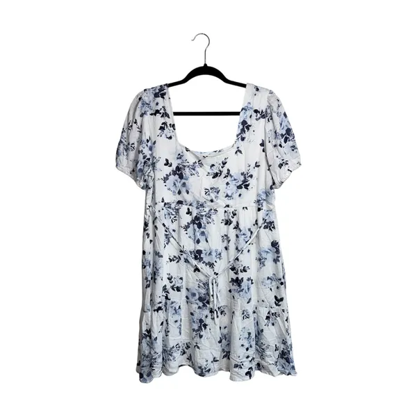 Maurices Floral Square Neck Babydoll Mini Dress White Blue Puff Sleeve - Image 7